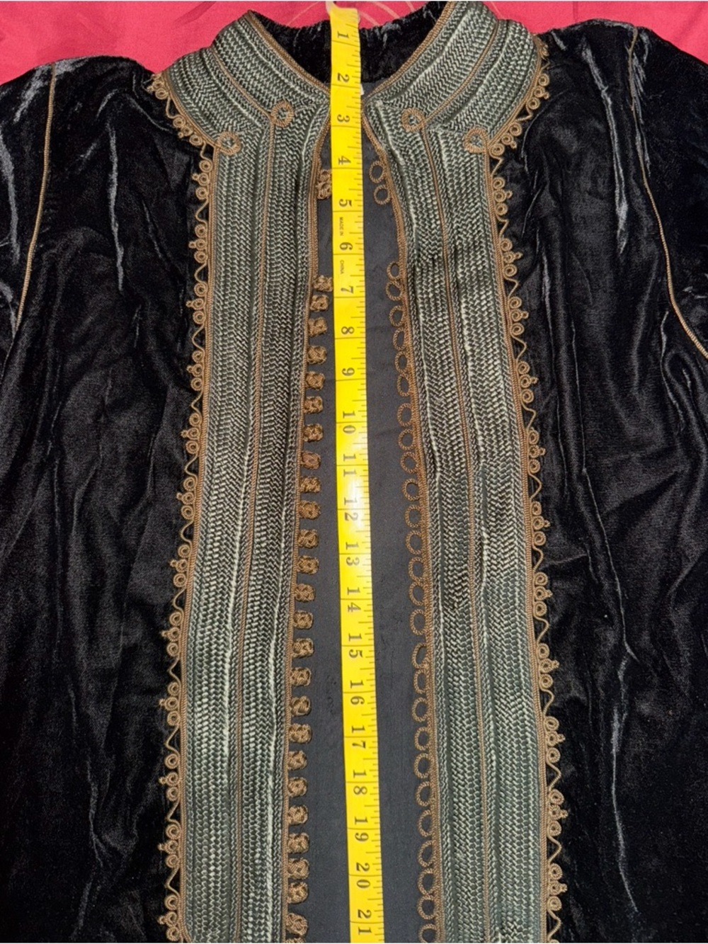 Black Velvet Long Coat with Ornate Gold-Tone Trim - Picture 12 of 16